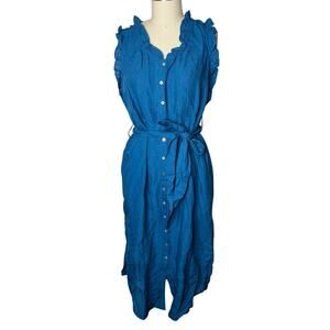 Sundance Antoinette Blue Linen Ruffle Button Down Dress Size M